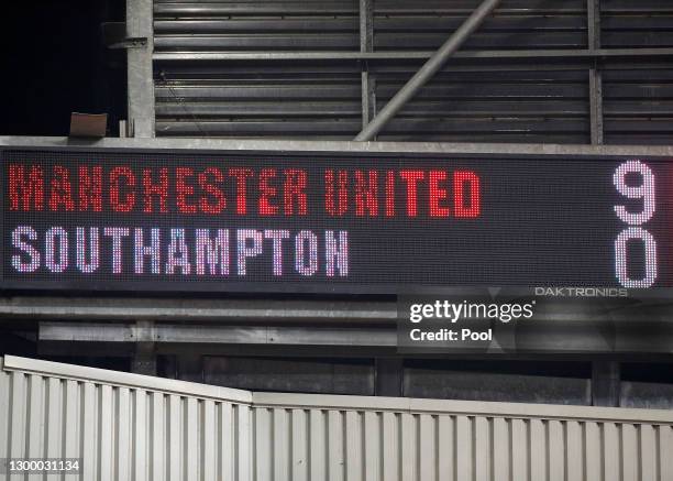 The scoreboard displays the final score following the Premier League match between Manchester United and Southampton at Old Trafford on February 02,...