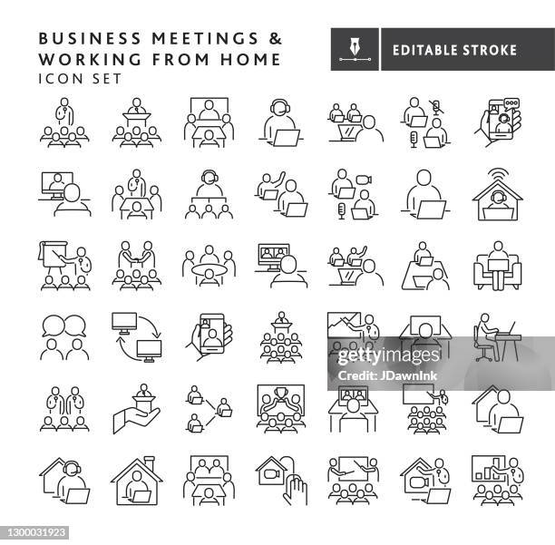 business team meetings and working from home concepts thin line style - editable stroke - business training group stock illustrations