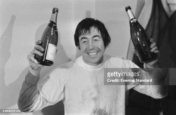 English footballer Gordon Banks of Stoke City FC celebrates his team's win in the second replay of the Football League Cup Semi-Final against West...