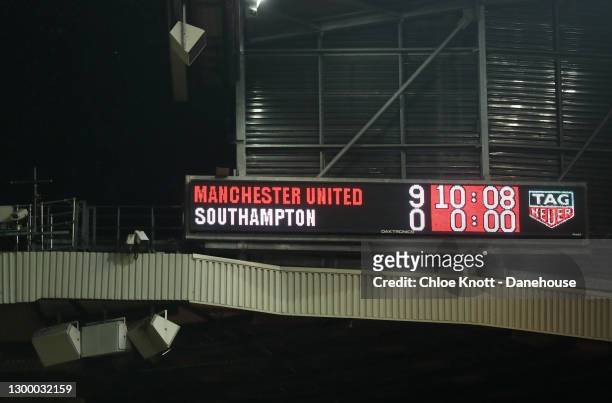 The score board at the end of the match showing the score 9-0 during the Premier League match between Manchester United and Southampton at Old...