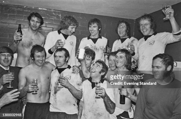 Hereford United FC celebrate their win after a replay match against Newcastle United in the third round of the FA Cup, UK, 5th February 1972. The...