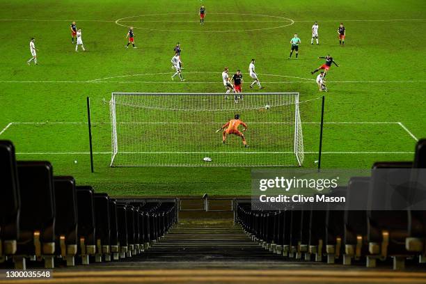 Aiden McGeady of Sunderland scores his teams second goal during the Papa Johns Trophy match between Milton Keynes Dons and Sunderland on February 02,...