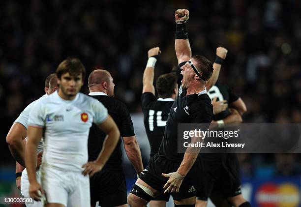 Lock Brad Thorn celebrates following his team's 8-7 victory as the final whistle during the 2011 IRB Rugby World Cup Final match between France and...