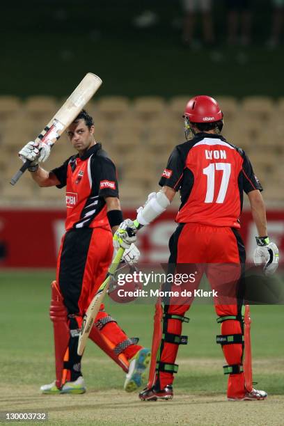 Callum Ferguson celebrates after scoring 100 runs during the Ryobi One Day Cup match between the South Australia Redbacks and the Western Australia...