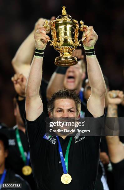 Captain Richie McCaw of the All Blacks lifts the Webb Ellis Cup after an 8-7 victory in the 2011 IRB Rugby World Cup Final match between France and...