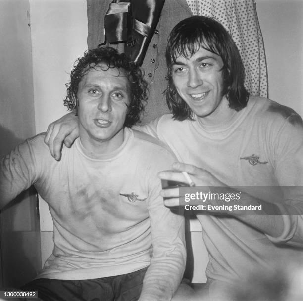 English footballers John Radford and Charlie George of Arsenal FC in the changing room after a match, UK, 20th April 1972.