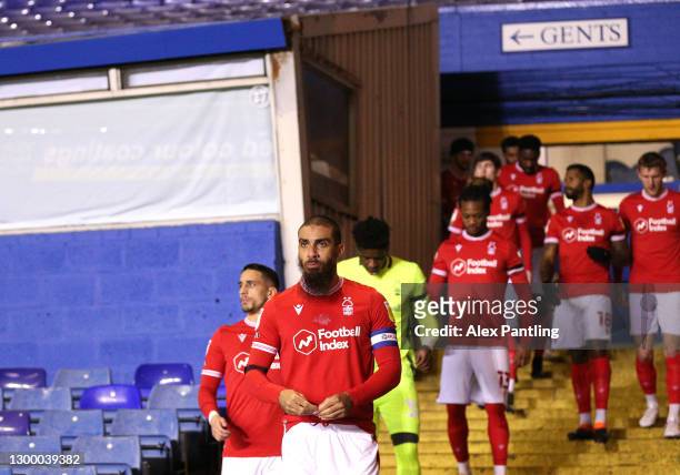 Lewis Grabban of Nottingham Forest leads his team out prior to during the Sky Bet Championship match between Coventry City and Nottingham Forest at...