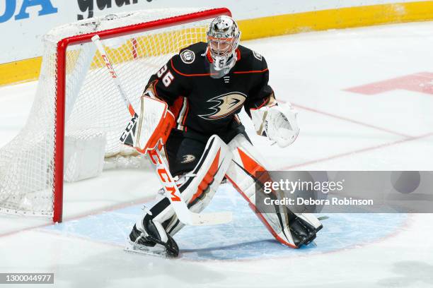 Goaltender John Gibson of the Anaheim Ducks tends net during the third period of the game against the St. Louis Blues at Honda Center on January 31,...