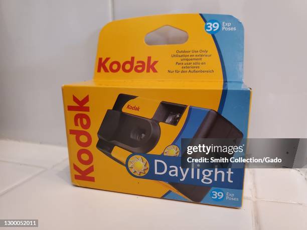 Close-up of a Kodak Daylight ISO 800 disposable camera box, sitting on a tiled countertop in a home in Walnut Creek, California, January 7, 2021.