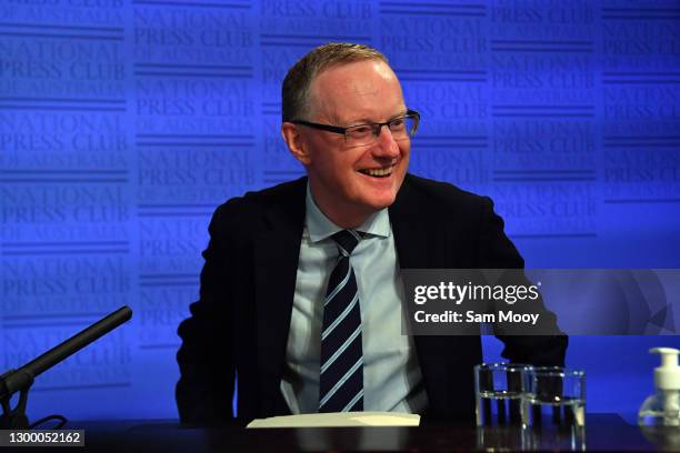 Reserve Bank of Australia Governor Philip Lowe reacts during his address at the National Press Club on February 03, 2021 in Canberra, Australia. In...