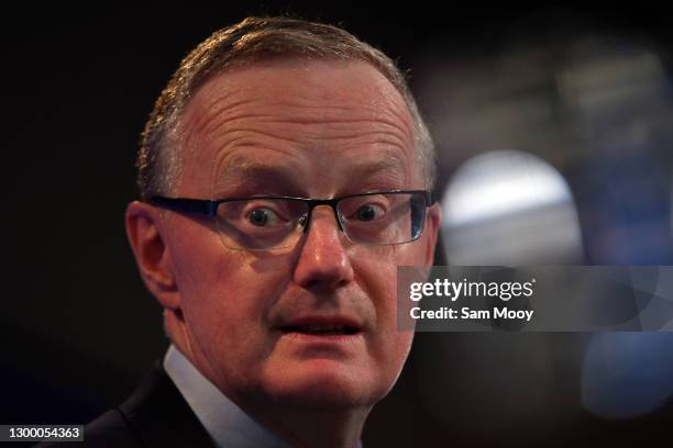 Reserve Bank of Australia Governor Philip Lowe delivers his address at the National Press Club on February 03, 2021 in Canberra, Australia. In the...