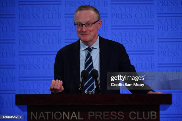 Reserve Bank of Australia Governor Philip Lowe delivers his address at the National Press Club on February 03, 2021 in Canberra, Australia. In the...