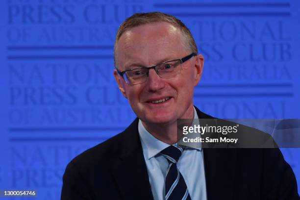 Reserve Bank of Australia Governor Philip Lowe delivers his address at the National Press Club on February 03, 2021 in Canberra, Australia. In the...