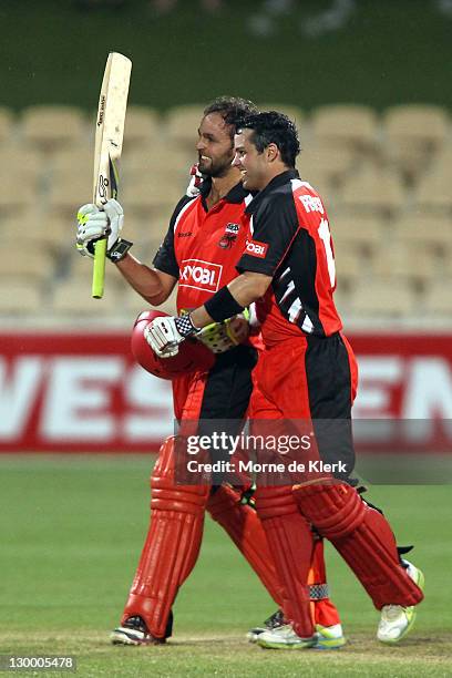 Nathan Lyon and Callum Ferguson of the Redbacks celebrate after the Ryobi One Day Cup match between the South Australia Redbacks and the Western...