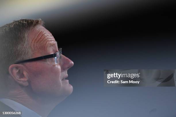 Reserve Bank of Australia Governor Philip Lowe delivers his address at the National Press Club on February 03, 2021 in Canberra, Australia. In the...