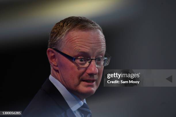 Reserve Bank of Australia Governor Philip Lowe delivers his address at the National Press Club on February 03, 2021 in Canberra, Australia. In the...