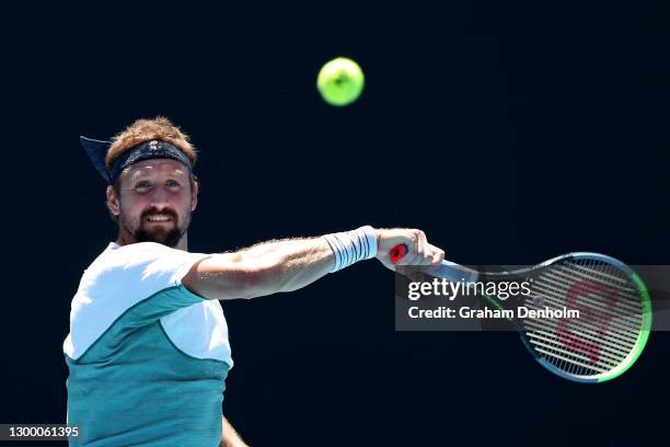 Tennys Sandgren of the United States plays a forehand in his match against Salvatore Caruso of Italy during day three of the ATP 250 Great Ocean Road...