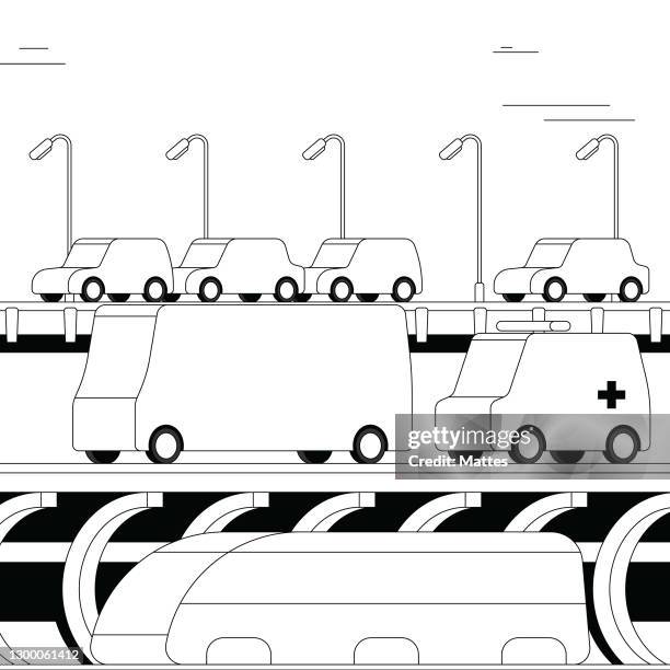 multi-layered traffic grid in smart cities, offering a large array of public and shared transportation augmented with self-driving vehicles. smart city and integration of the new 5g network. bold black and white illustration with bright colorful highlight - working remotely outside stock illustrations