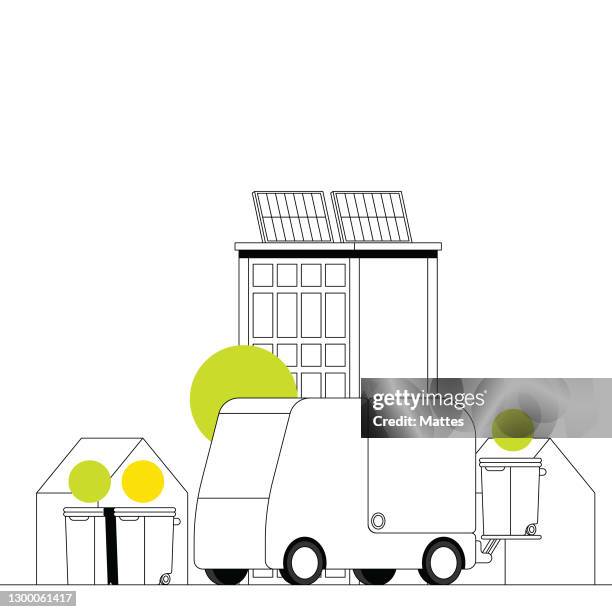 smart trash and garbage collection with automated schedules and improved selective recycling. smart city and integration of the new 5g network. bold black and white illustration with bright colorful highlights. - working remotely outside stock illustrations