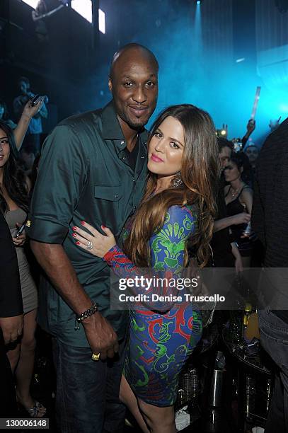 Lamar Odom and Khloe Kardashian celebrate Kim Kardashian's birthday at Marquee Nightclun at the Cosmopolitan on October 22, 2011 in Las Vegas, Nevada.