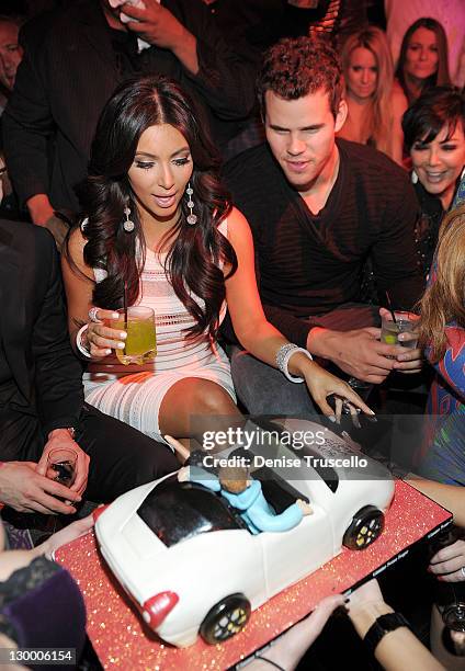 Kim Kardashian Kris Humphries and Kris Jenner celebrate Kim Kardashian's birthday at Marquee Nightclun at the Cosmopolitan on October 22, 2011 in Las...