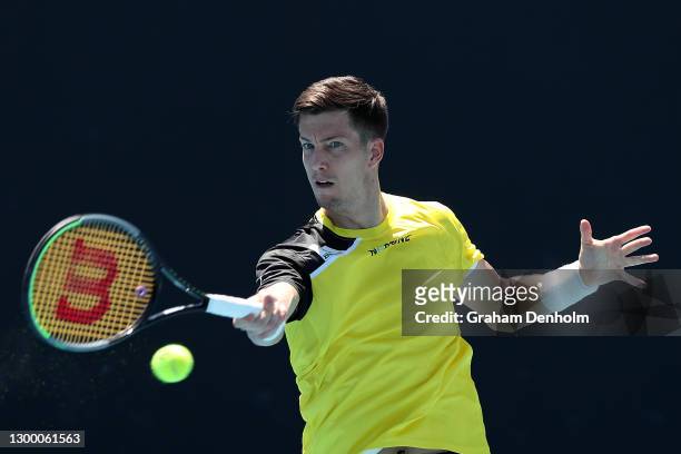 Aljaz Bedene of Slovenia plays a forehand in his match against Dane Sweeny of Australia during day three of the ATP 250 Great Ocean Road Open at...