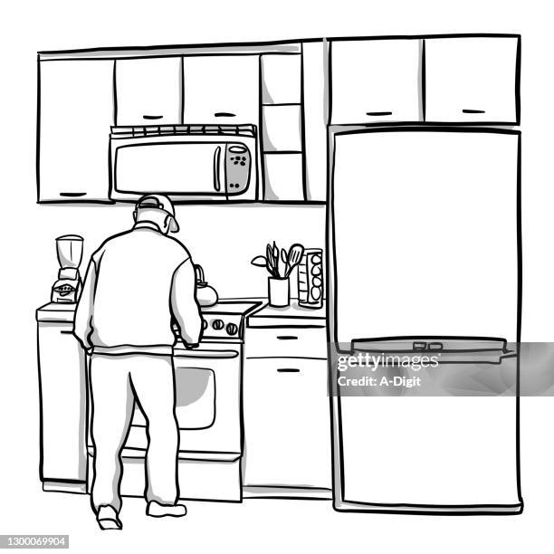 senior man independent living - inside refridgerator stock illustrations