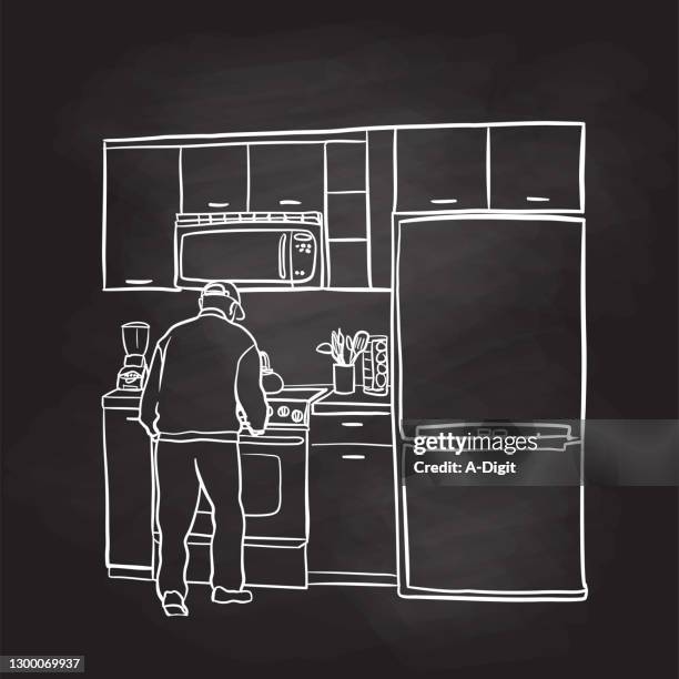 senior man independent living chalkboard - fridge line art stock illustrations