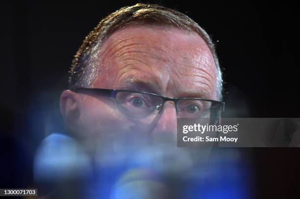 Reserve Bank of Australia Governor Philip Lowe during his address at the National Press Club on February 03, 2021 in Canberra, Australia. The Reserve...