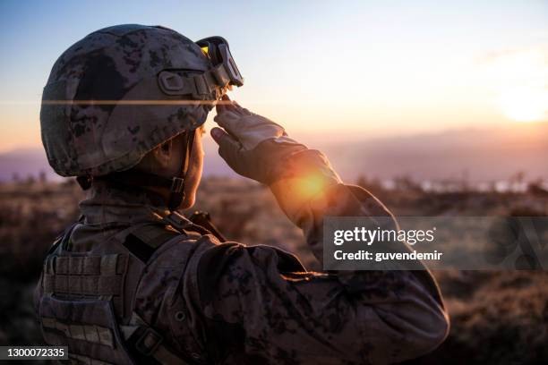 solider dell'esercito femminile che saluta contro il cielo al tramonto - esercito foto e immagini stock