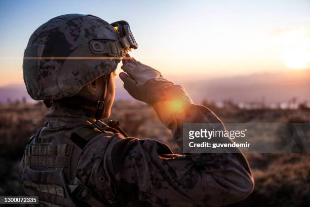 female army solider saluting against sunset sky - armed forces stock pictures, royalty-free photos & images