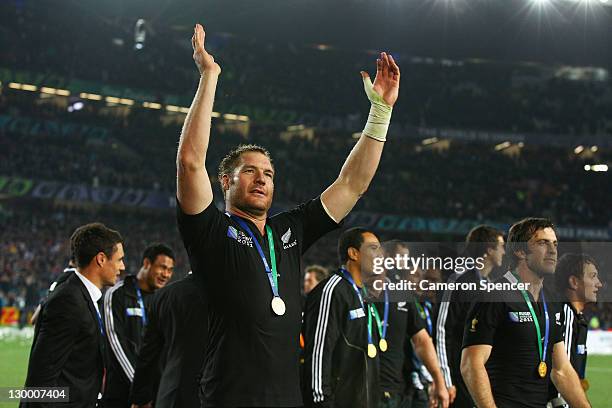 Ali Williams of the All Blacks celebrates victory after the 2011 IRB Rugby World Cup Final match between France and New Zealand at Eden Park on...