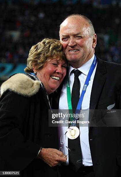 Graham Henry the head coach of the All Blacks celebrates with his wife, Raewyn following his team's 8-7 victory during the 2011 IRB Rugby World Cup...