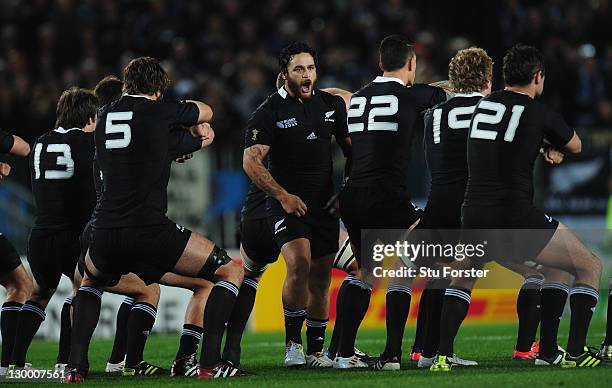 Piri Weepu of the All Blacks leads his team in performing the pre match haka during the 2011 IRB Rugby World Cup Final match between France and New...