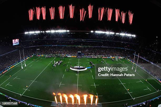 Fireworks light up the sky during the 2011 IRB Rugby World Cup Final match between France and New Zealand at Eden Park on October 23, 2011 in...