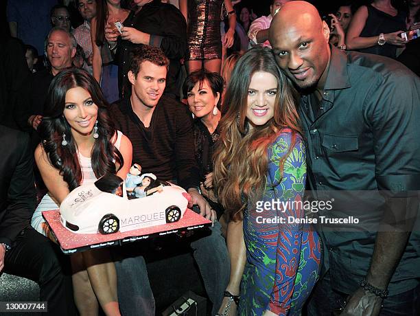 Kim Kardashian, Kris Humphries, Kris Jenner, Khloe Kardashian and Lamar Odom celebrate Kim Kardashian's birthday at Marquee Nightclun at the...