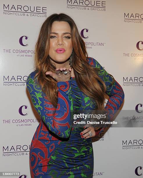 Khloe Krdashian arrives at Kim Kardashian's birthday Party at Marquee Nightclun at the Cosmopolitan on October 22, 2011 in Las Vegas, Nevada.