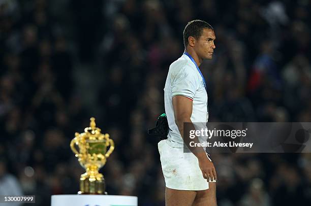 Captain Thierry Dusautoir of France walks past the Webb Ellis cup dejected after collecting his runner up medal after the 2011 IRB Rugby World Cup...