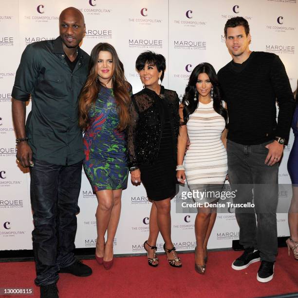 Lamar Odom, Khloe Kardashian, Kris Jenner, Kim Kardashian and Kris Humphries arrive at Kim Kardashian's birthday party at her birthday at Marquee...
