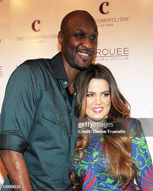 Lamar Odom and Khloe Krdashian arrive at Kim Kardashian's birthday party at Marquee Nightclun at the Cosmopolitan on October 22, 2011 in Las Vegas,...