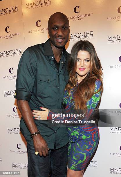 Lamar Odom and Khloe Krdashian arrive at Kim Kardashian's birthday party at Marquee Nightclun at the Cosmopolitan on October 22, 2011 in Las Vegas,...