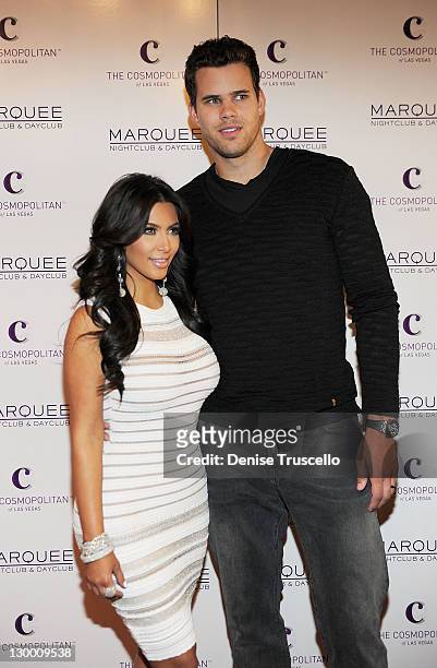 Kim Kardashian and Kris Humphries arrive at Kim Kardashian's birthday party at her birthday at Marquee Nightclun at the Cosmopolitan on October 22,...