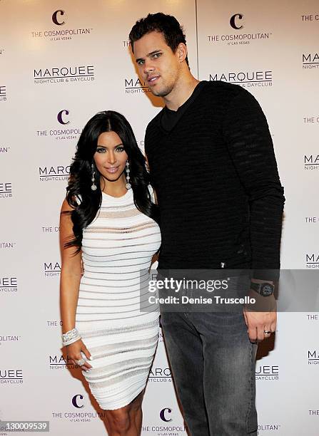 Kim Kardashian and Kris Humphries arrive at Kim Kardashian's birthday party at her birthday at Marquee Nightclun at the Cosmopolitan on October 22,...