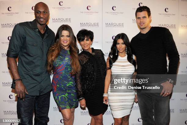 Lamar Odom, Khloe Kardashian, Kris Jenner, Kim Kardashian and Kris Humphries arrive at Kim Kardashian's birthday party at her birthday at Marquee...