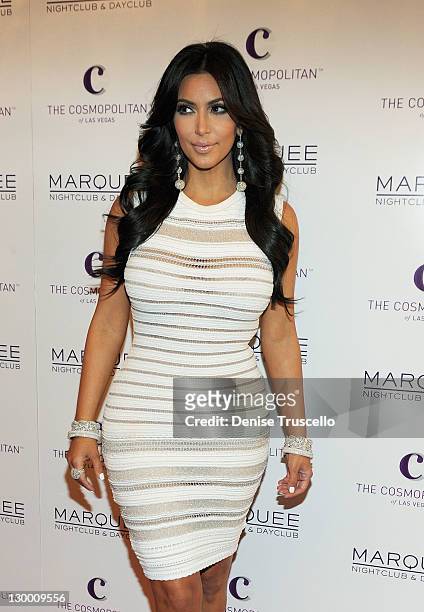 Kim Kardashian arrives at her birthday party at Marquee Nightclun at the Cosmopolitan on October 22, 2011 in Las Vegas, Nevada.