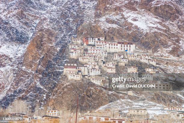 Village perché de Karsha, 25 janvier 2019, vallée du Zanskar, Ladakh, Inde.
