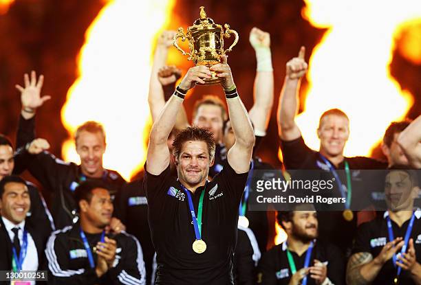 Captain Richie McCaw of the All Blacks lifts the Webb Ellis Cup after an 8-7 victory in during the 2011 IRB Rugby World Cup Final match between...