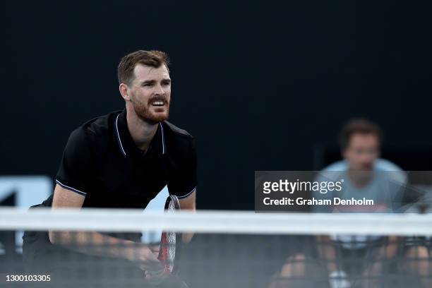 Jamie Murray of Great Britain and Bruno Soares of Brazil in action in their match against Pablo Andujar of Spain and Pedro Martinez of Spain during...
