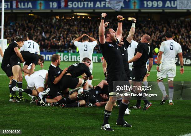 Kieran Read of the All Blacks celebrates victory at the final whistle during the 2011 IRB Rugby World Cup Final match between France and New Zealand...