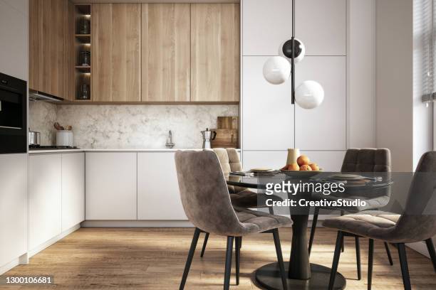 modern kitchen and dining room interior stock photo - beauty cabinet stock pictures, royalty-free photos & images